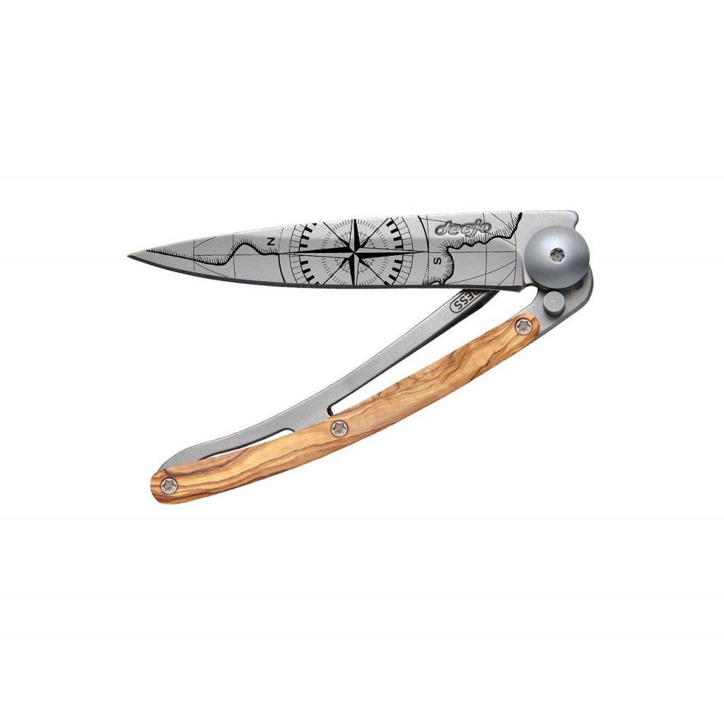 Ultralehký a minimalistický nůž Deejo Tattoo 27g Terra Incognita Olive Wood s motivem "Země neznámá"