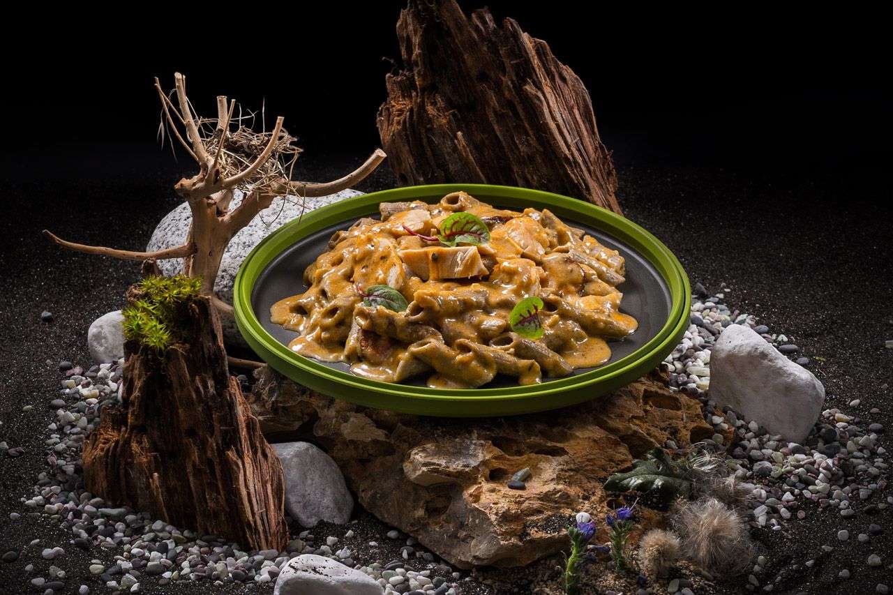 Adventure Menu Makaron penne z białkiem ze świerszczy i kurczakiem w kreolskim kremowym sosie lifestyle